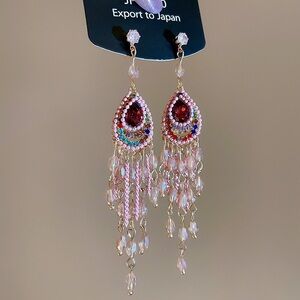 Beaded Teardrop Fringe Earrings - Pink Multicolor